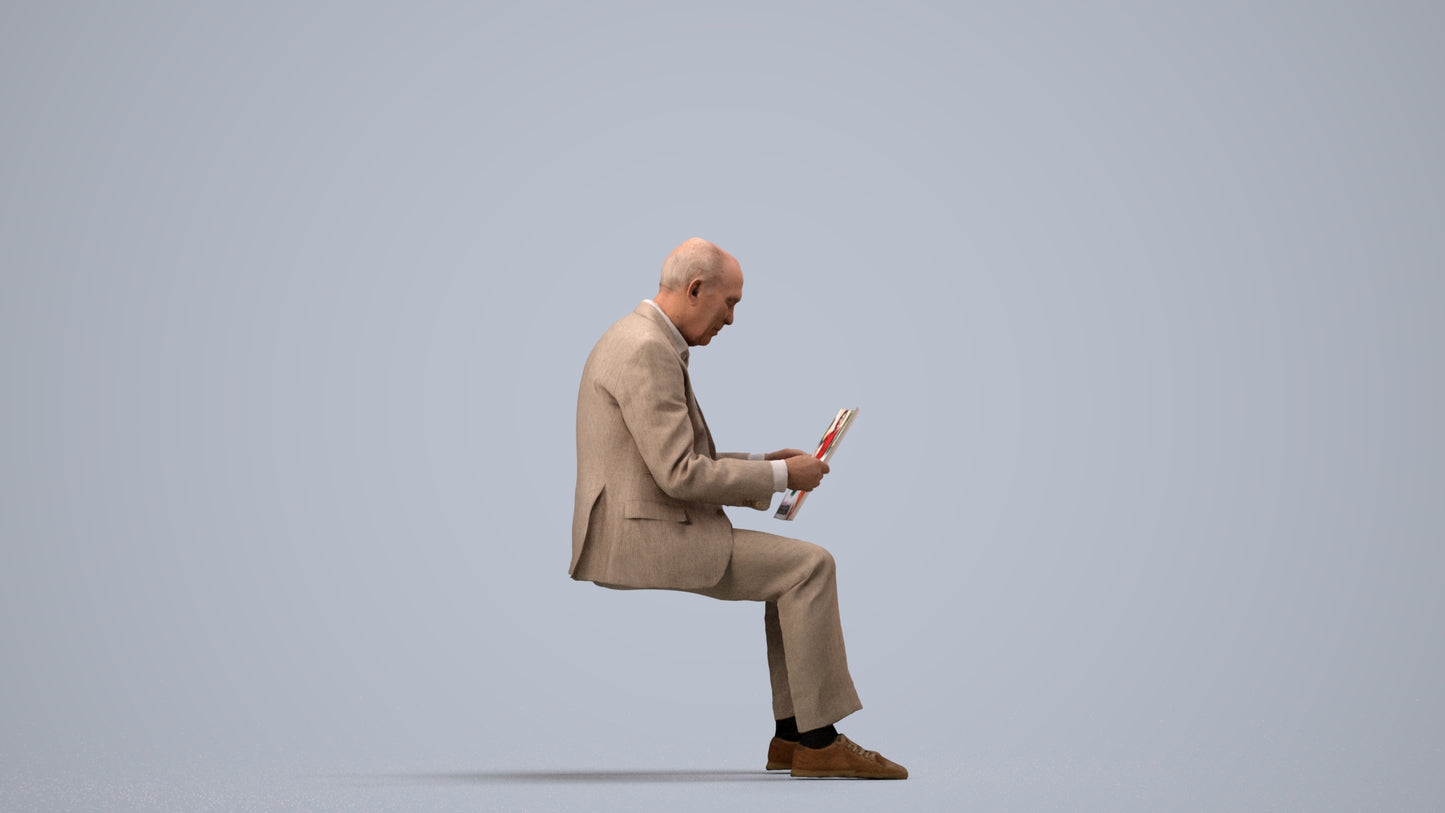 scanned 3D senior man business sitting, photogrammetry people for Enscape and V-Ray, side view render