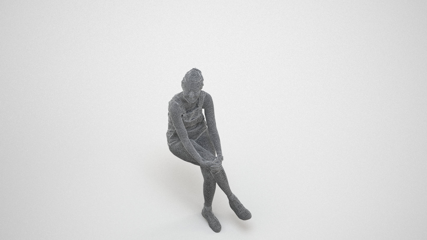 realistic 3D woman casual sitting, scanned archviz people for Blender and 3ds Max, wireframe three-quarter view