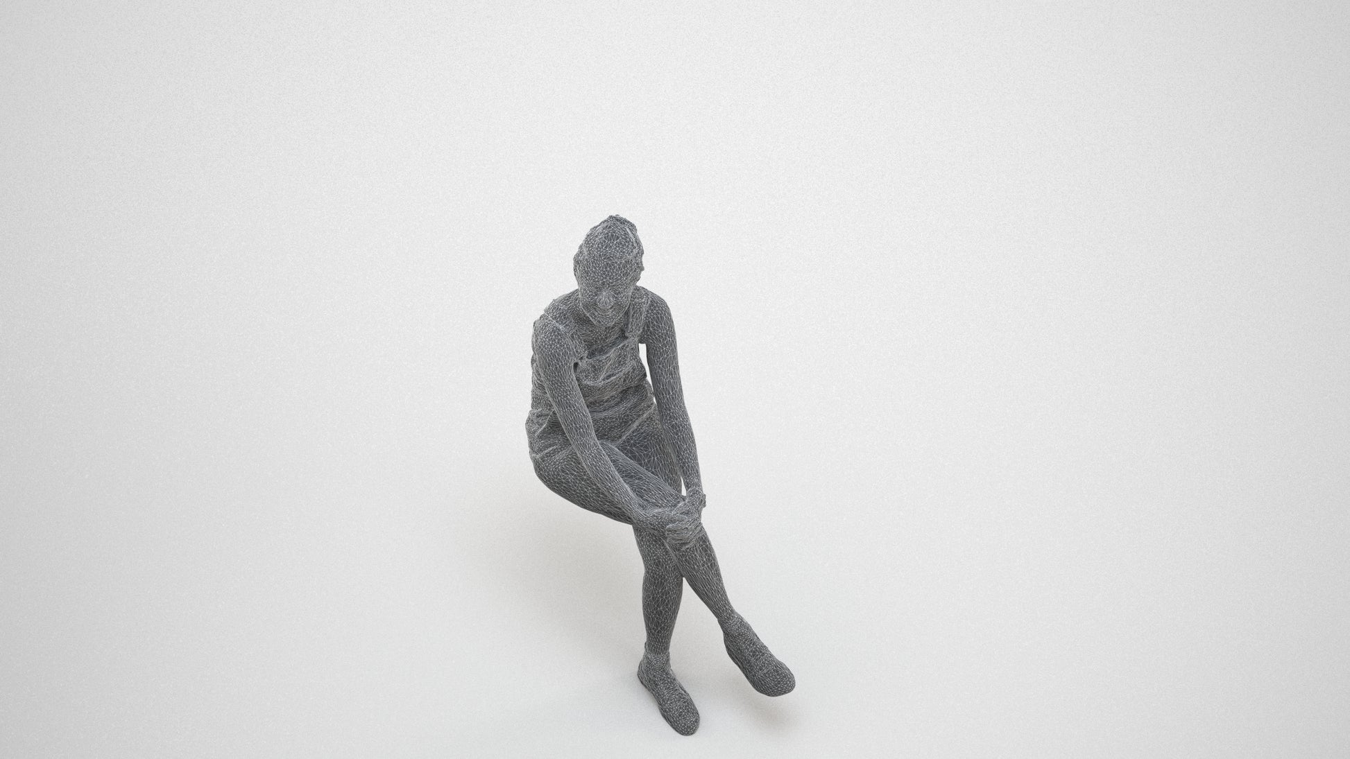 realistic 3D woman casual sitting, scanned archviz people for Blender and 3ds Max, wireframe three-quarter view
