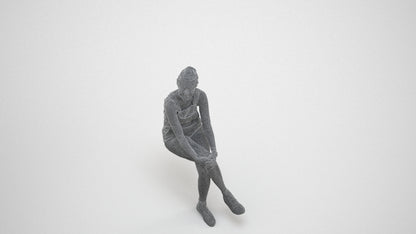 realistic 3D woman casual sitting, scanned archviz people for Blender and 3ds Max, wireframe three-quarter view