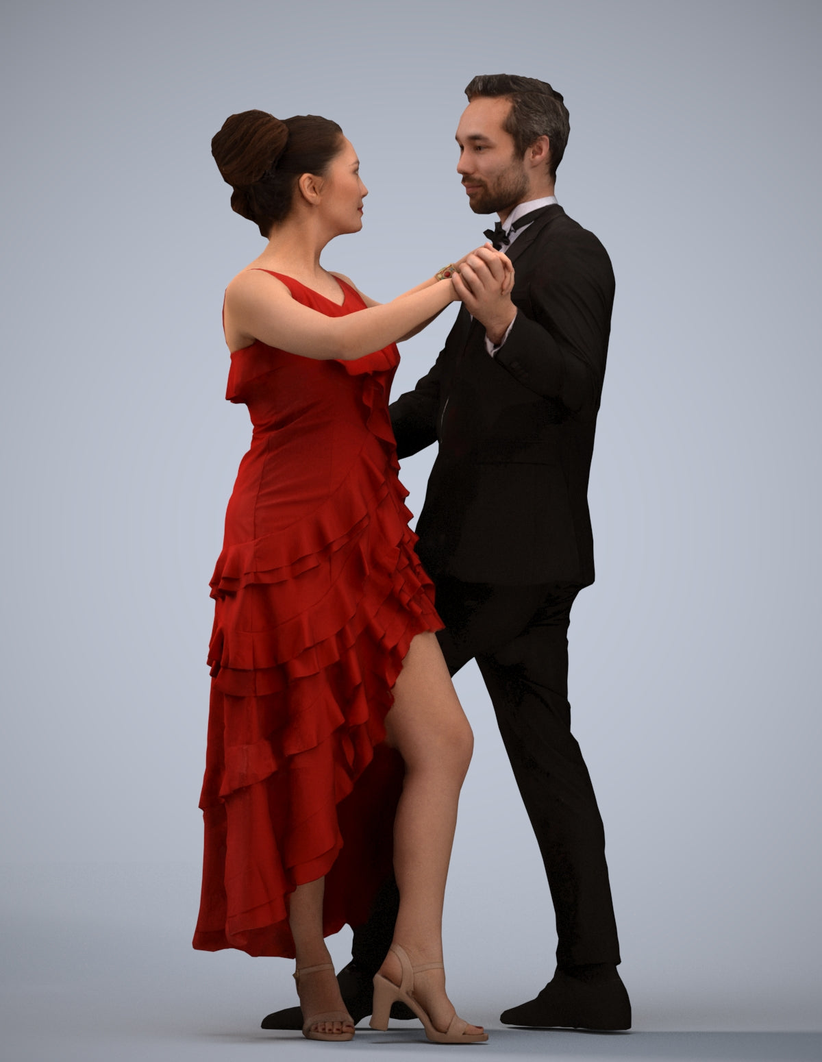 3D human model woman formal dancing, photogrammetry scanned person for archviz