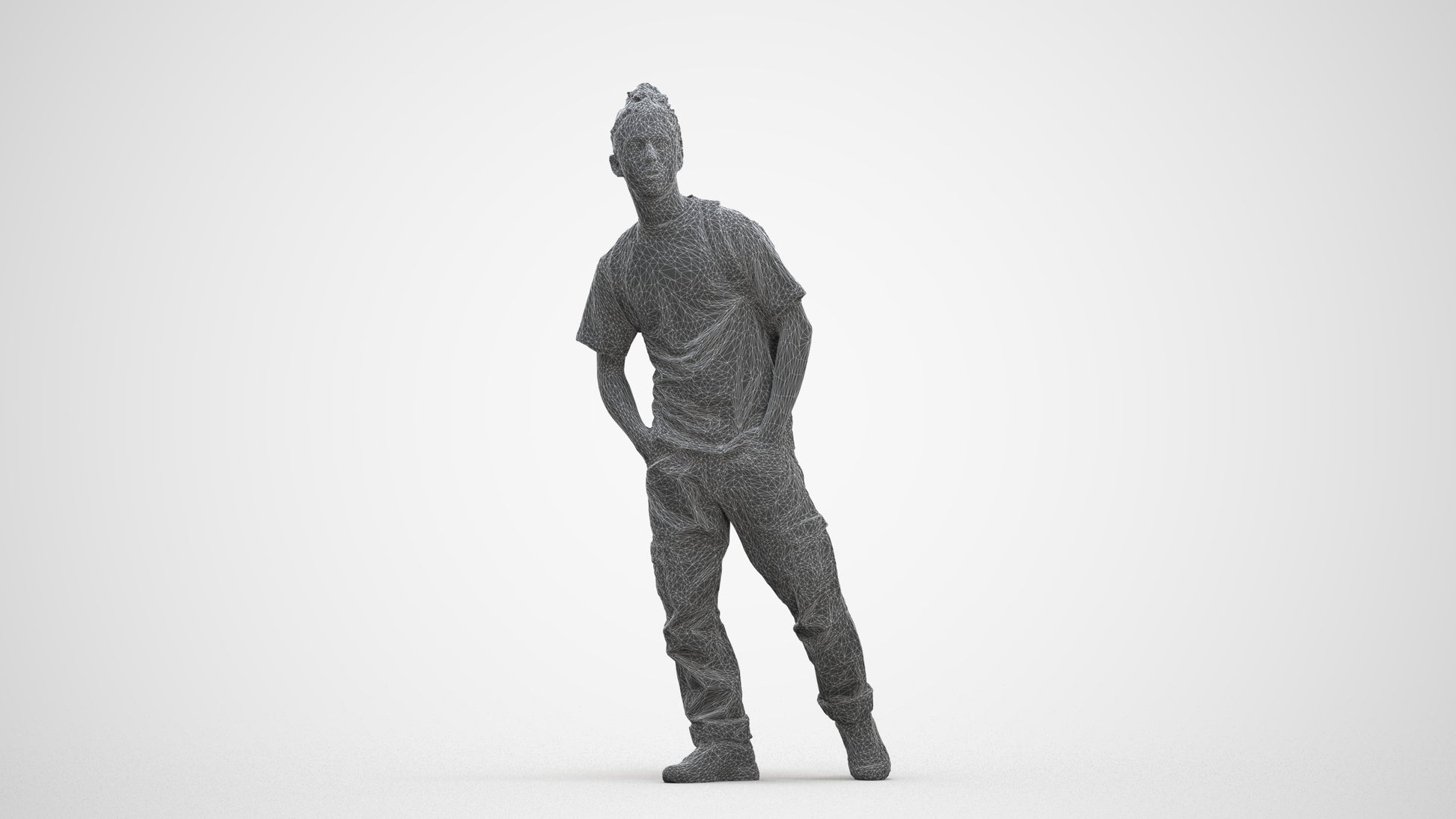3D human model man casual walking, photogrammetry scanned person for archviz, three-quarter front view render