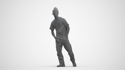 3D human model man casual walking, photogrammetry scanned person for archviz, three-quarter front view render