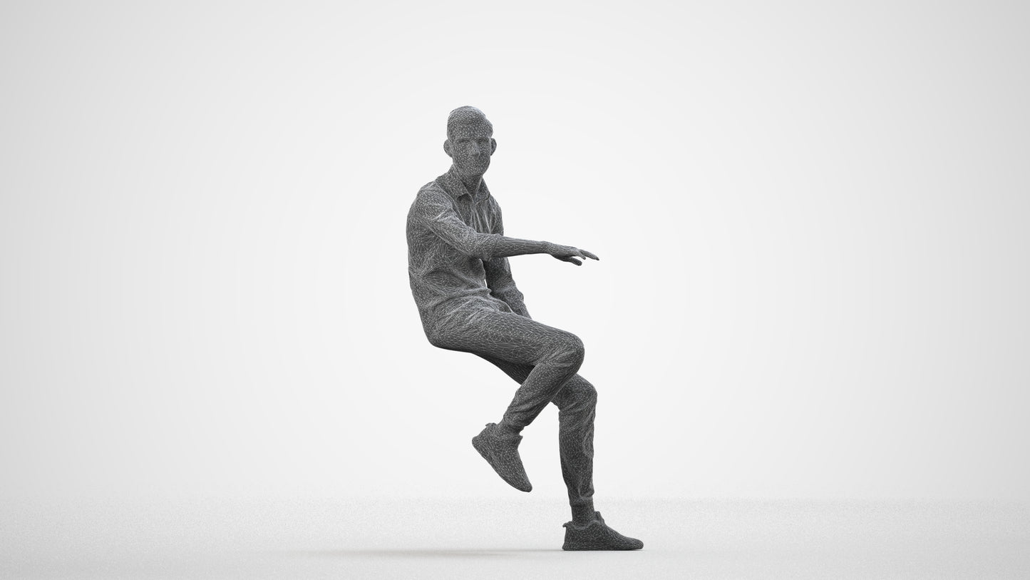 realistic 3D people man casual sitting, render-ready for V-Ray and Corona, FBX OBJ, wireframe side view