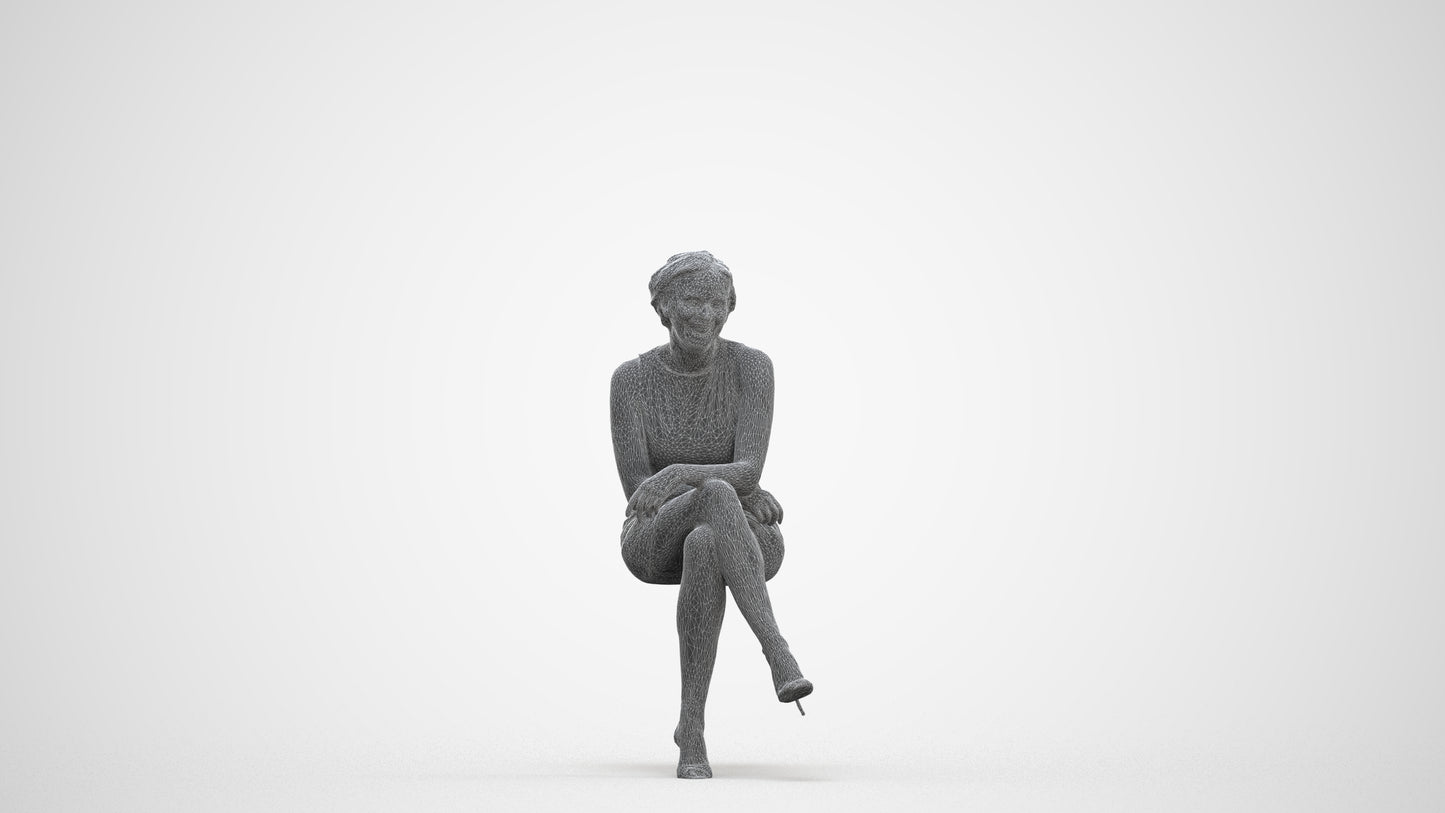 scanned 3D woman casual sitting, photogrammetry people for Enscape and V-Ray, three-quarter front view render