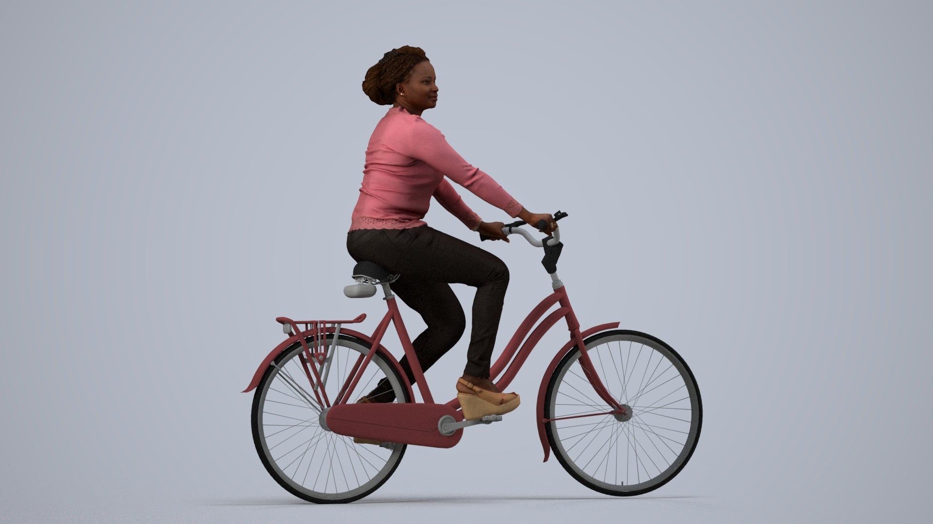 realistic 3D woman casual cycling, scanned archviz people for Blender and 3ds Max, side view render