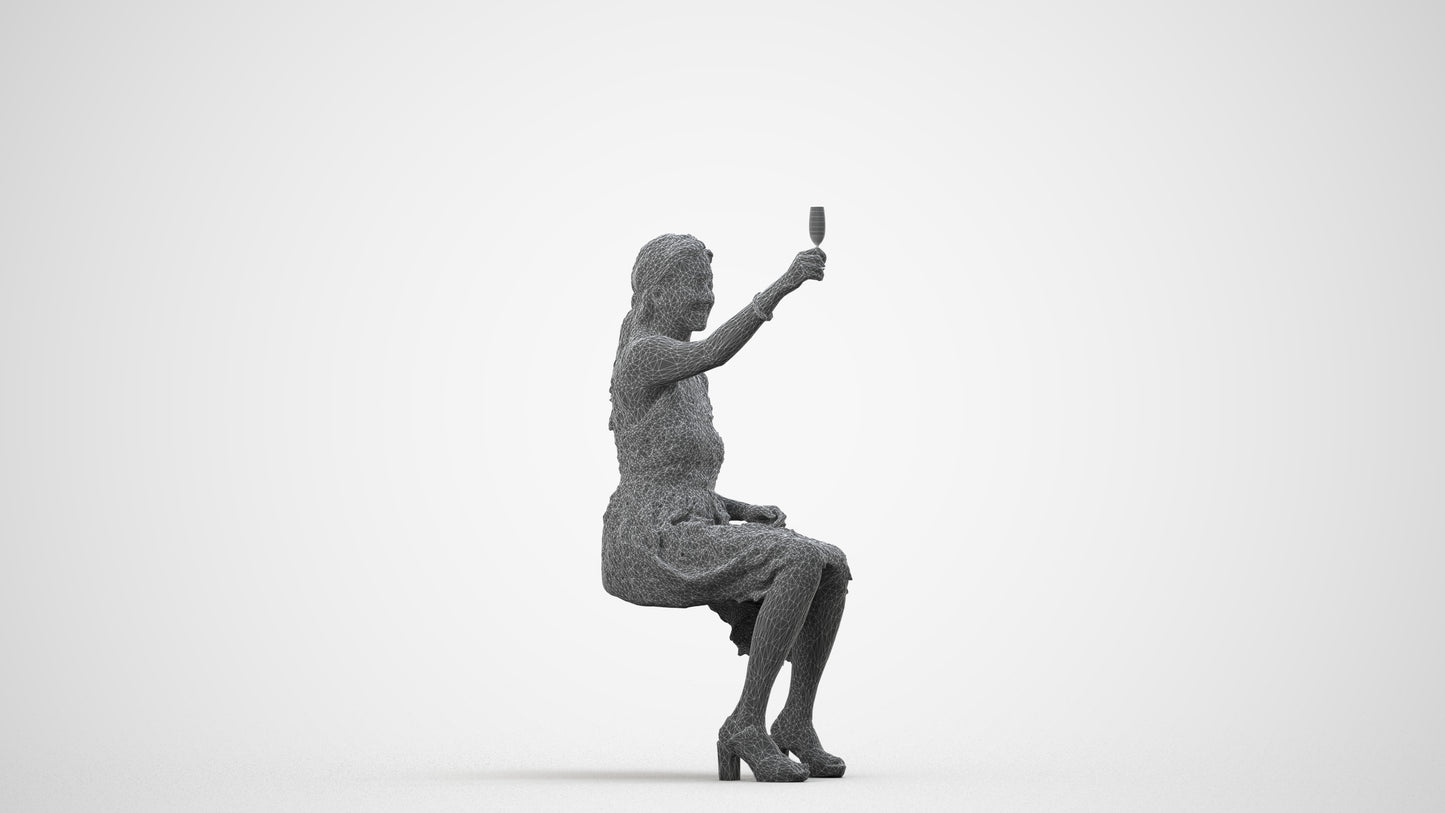realistic 3D woman formal sitting, scanned archviz people for Blender and 3ds Max, wireframe side view