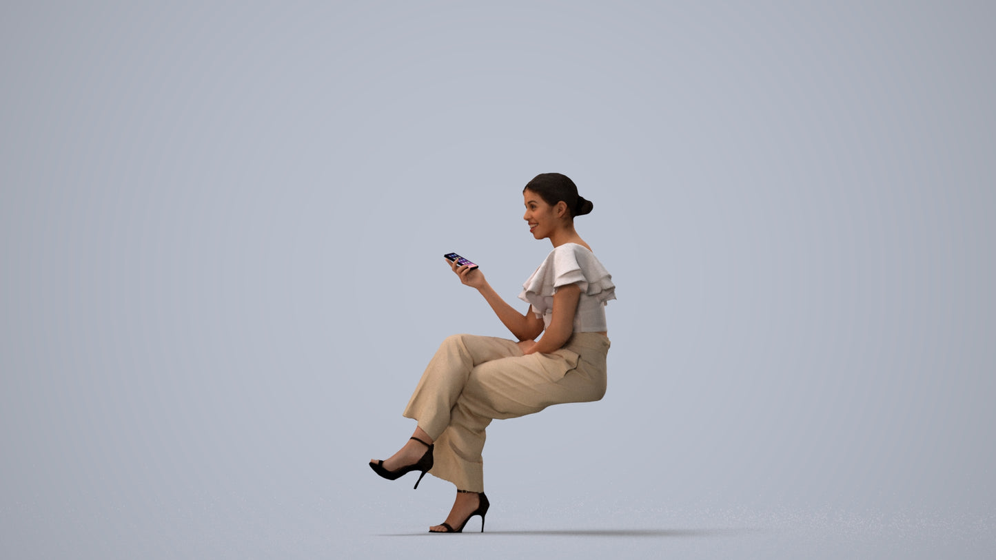 scanned 3D woman business sitting, photogrammetry people for Enscape and V-Ray, three-quarter view render