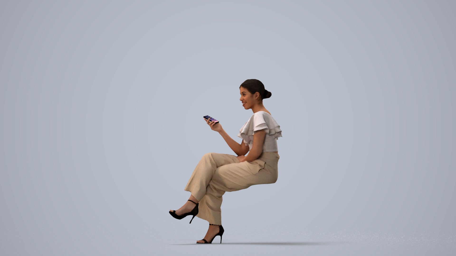 scanned 3D woman business sitting, photogrammetry people for Enscape and V-Ray, three-quarter view render
