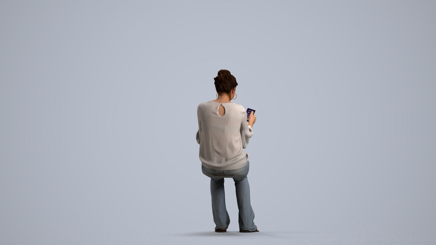 realistic 3D woman casual sitting, scanned archviz people for Blender and 3ds Max, front view render
