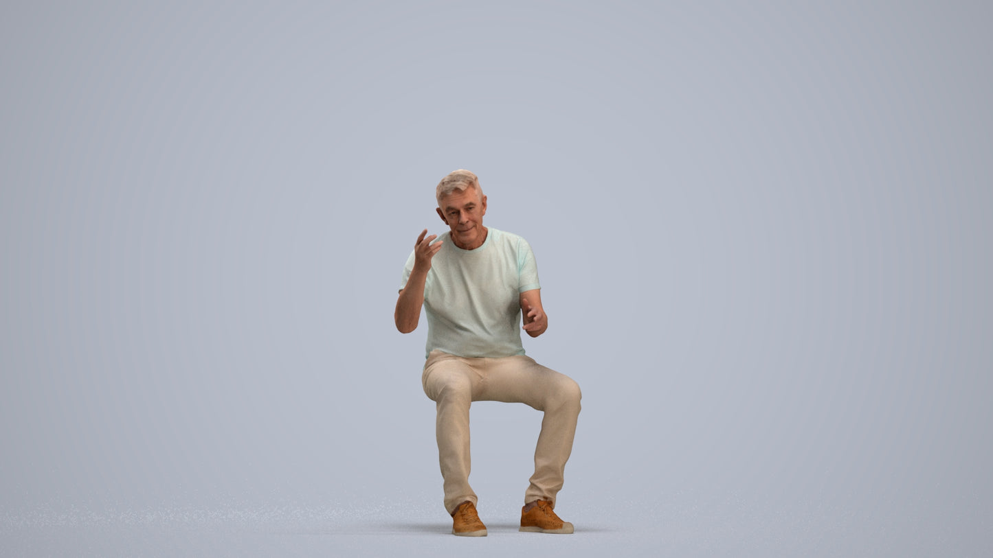 3D human model senior man casual sitting, photogrammetry scanned person for archviz, standing pose render