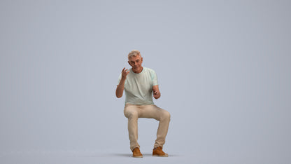3D human model senior man casual sitting, photogrammetry scanned person for archviz, standing pose render