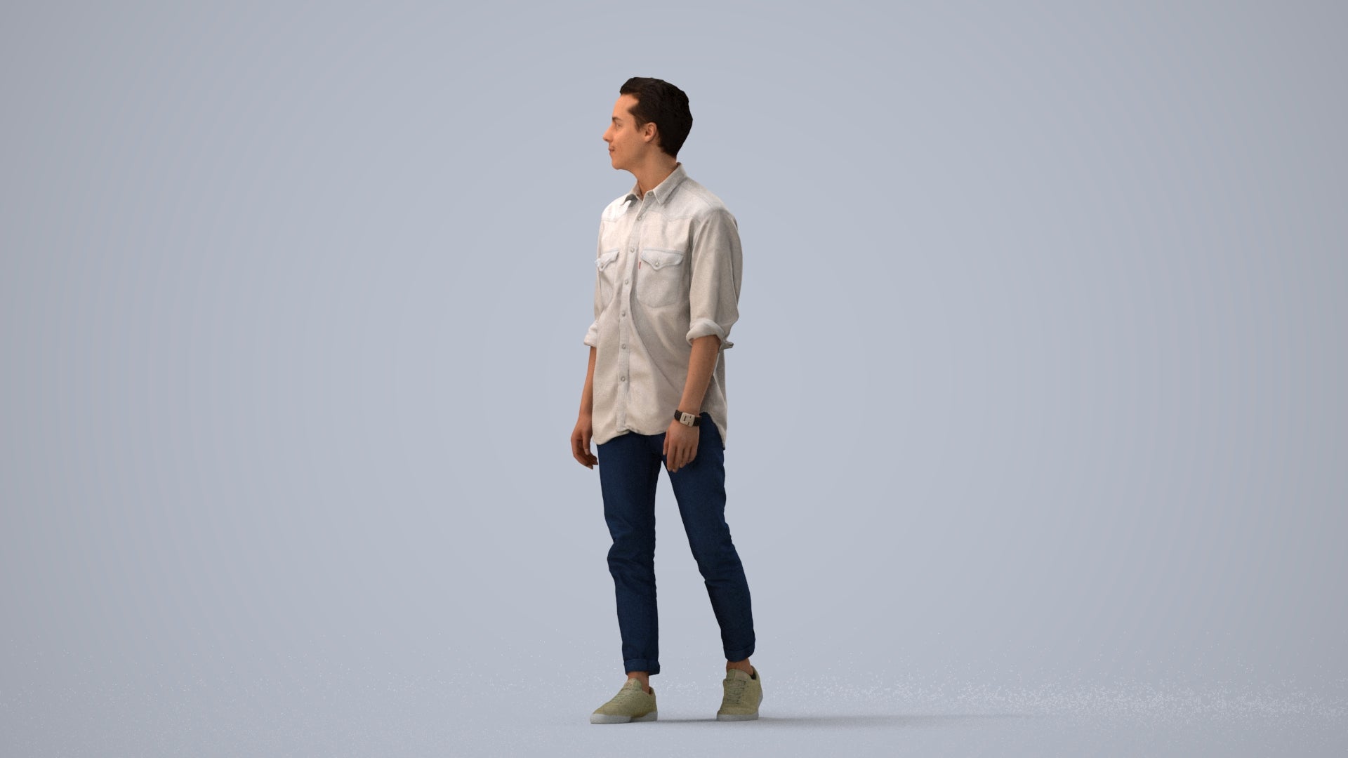 realistic 3D man casual walking, scanned archviz people for Blender and 3ds Max, three-quarter view render