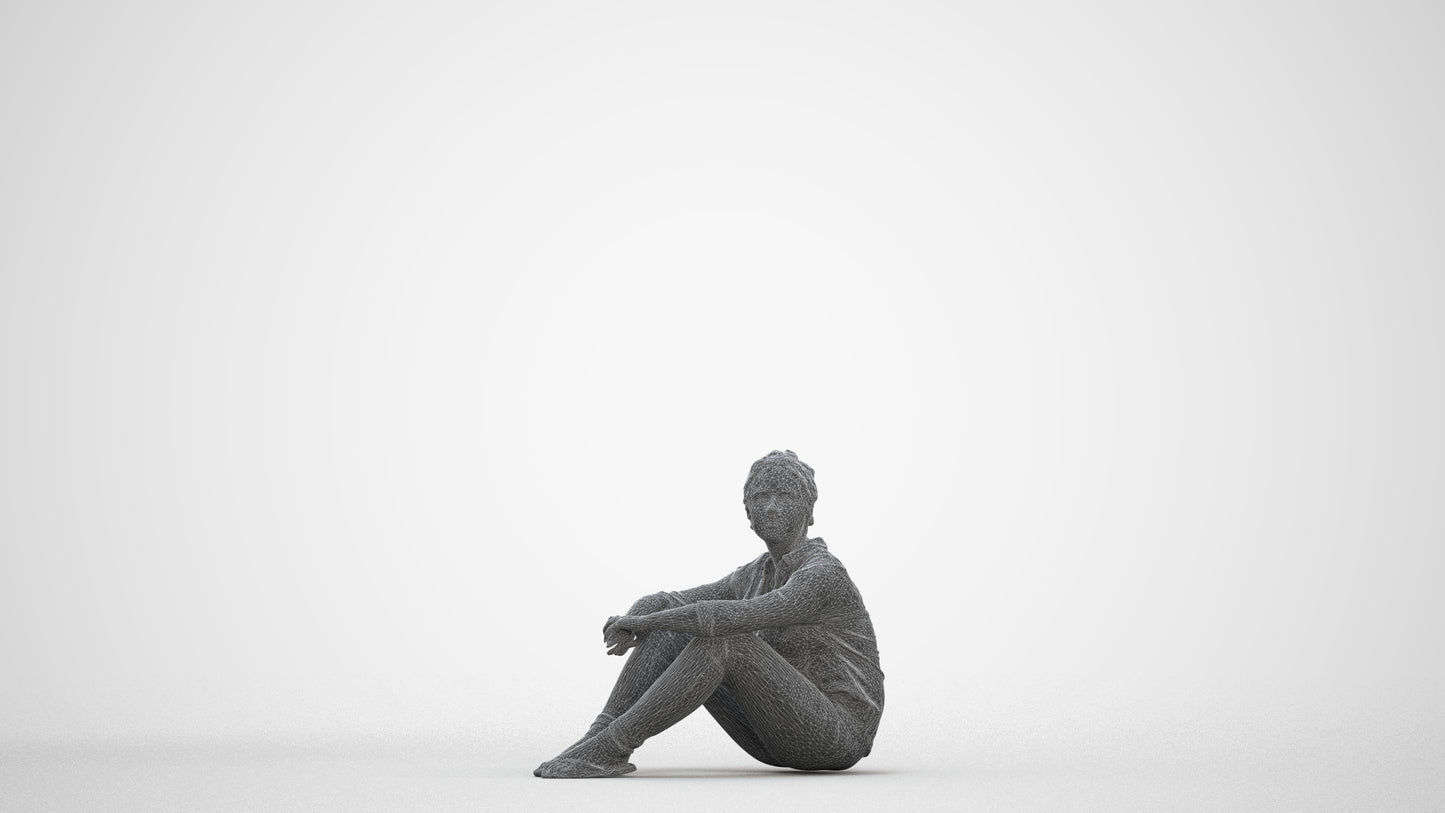 photogrammetry 3D woman casual sitting, realistic human model archviz FBX, three-quarter front view render
