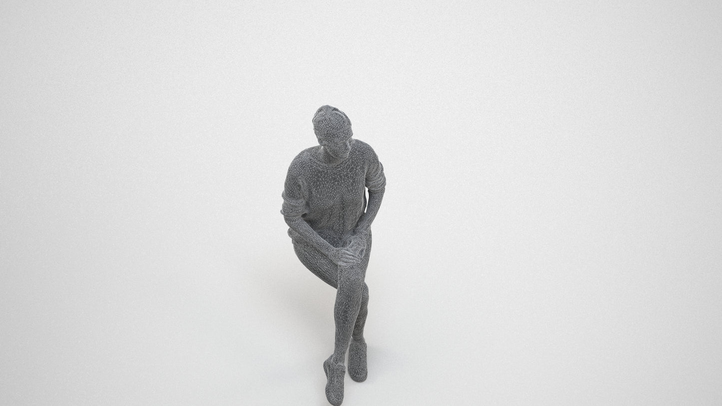 realistic 3D people woman casual sitting, render-ready for V-Ray and Corona, FBX OBJ, wireframe three-quarter view