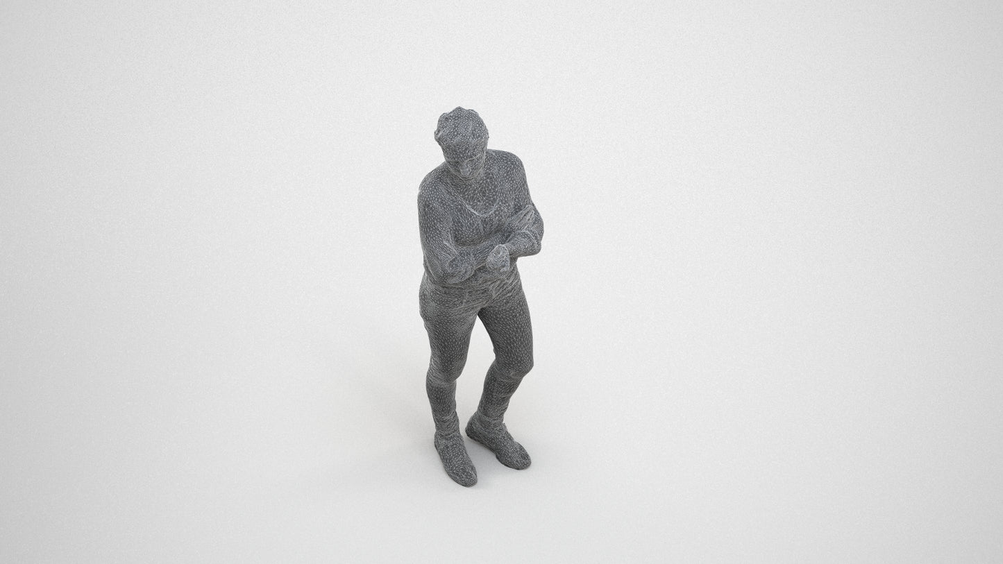 3D human model woman casual standing, photogrammetry scanned person for archviz, wireframe three-quarter view