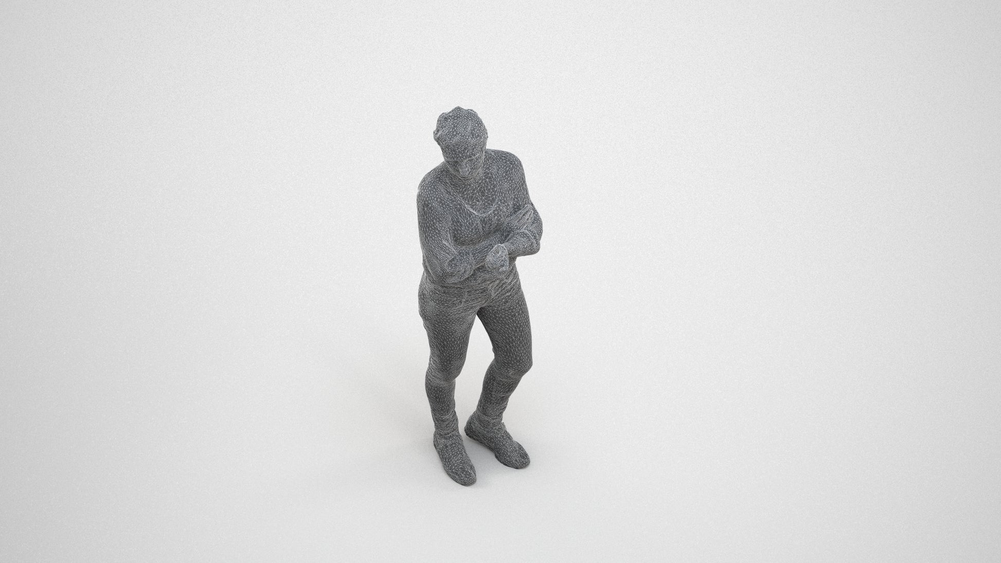 3D human model woman casual standing, photogrammetry scanned person for archviz, wireframe three-quarter view