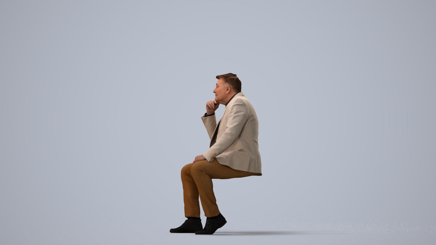 3D human model man business, photogrammetry scanned person for archviz, three-quarter view render