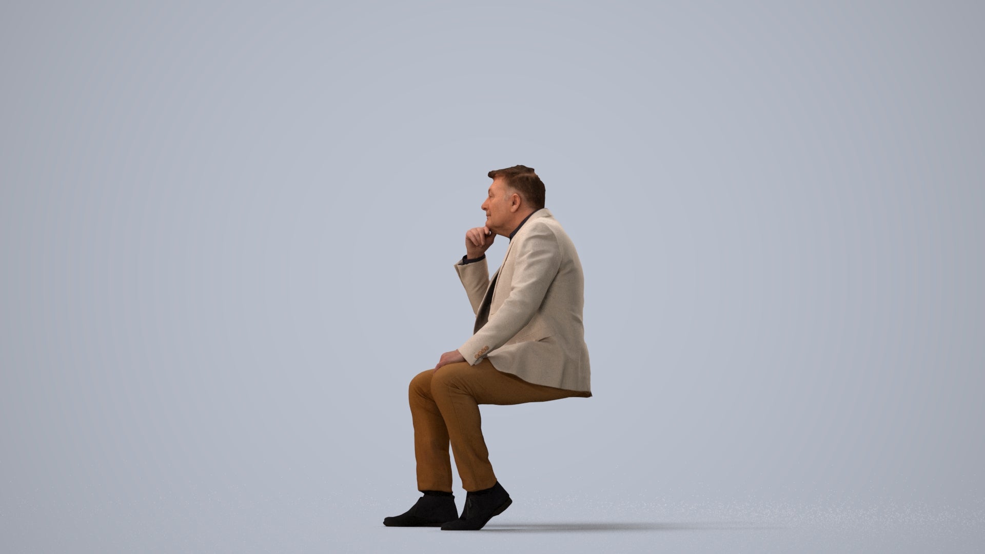 3D human model man business, photogrammetry scanned person for archviz, three-quarter view render