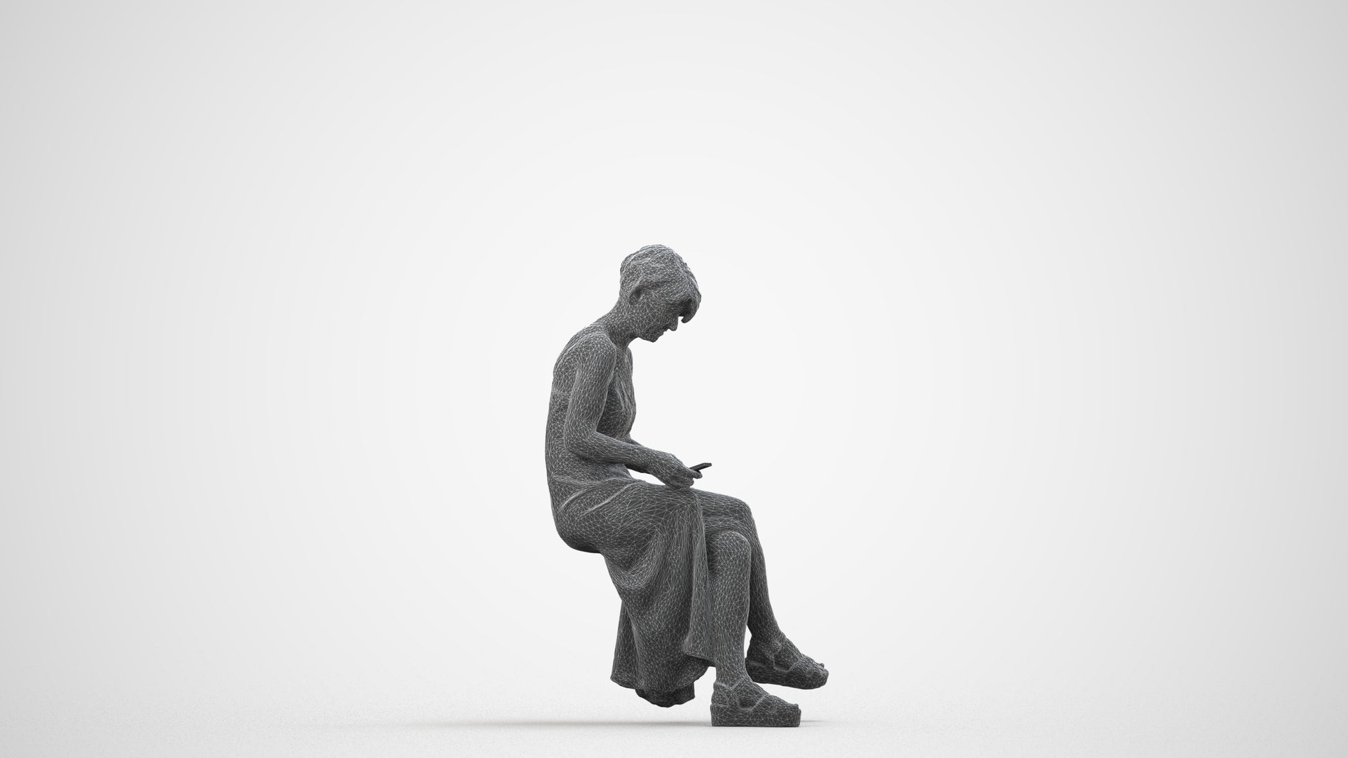 photogrammetry 3D senior woman sitting, realistic human model archviz FBX, wireframe side view