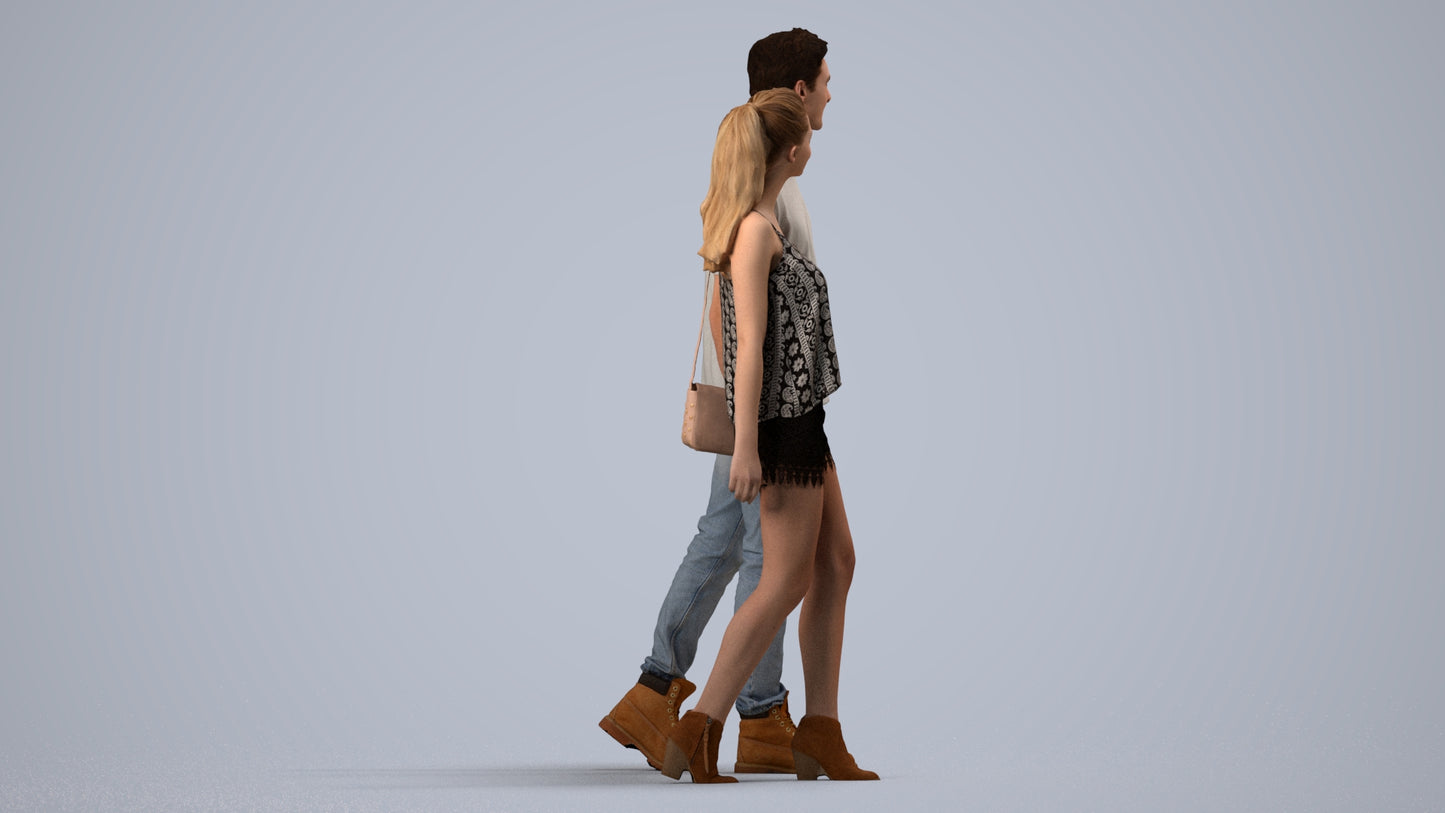 realistic 3D woman casual couple, scanned archviz people for Blender and 3ds Max, side view render