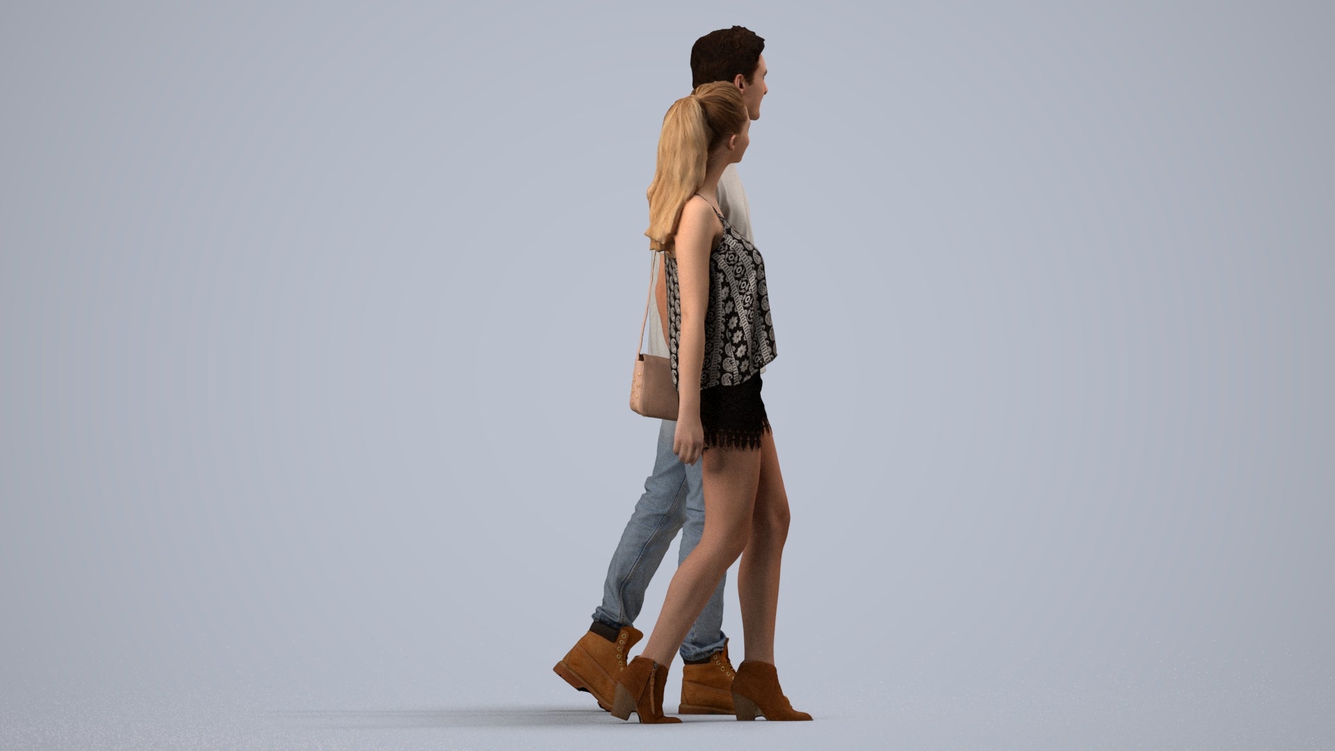 realistic 3D woman casual couple, scanned archviz people for Blender and 3ds Max, side view render
