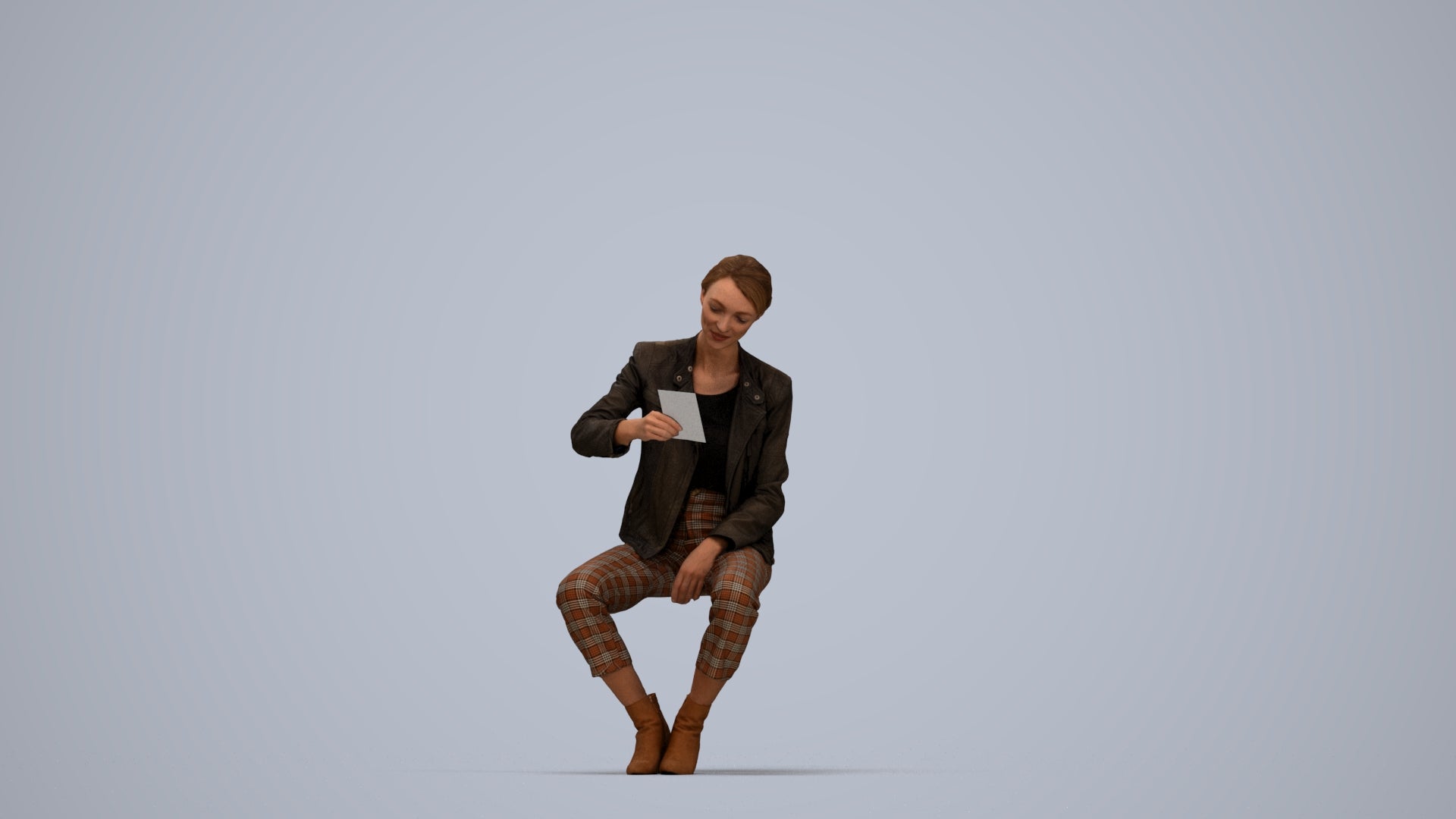 realistic 3D woman business sitting, scanned archviz people for Blender and 3ds Max, top-down view render
