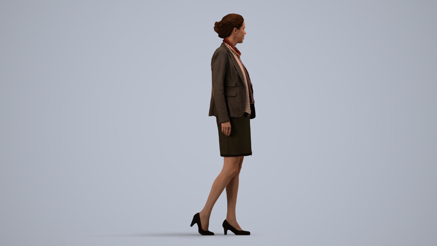 realistic 3D human woman business walking, archviz people FBX OBJ for Blender, side view render