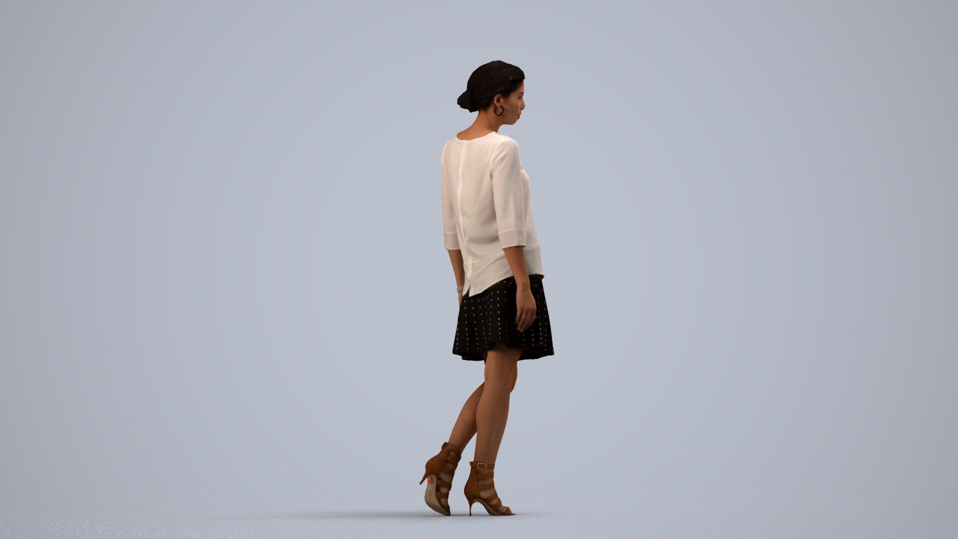 realistic 3D woman business standing, scanned archviz people for Blender and 3ds Max, side view render