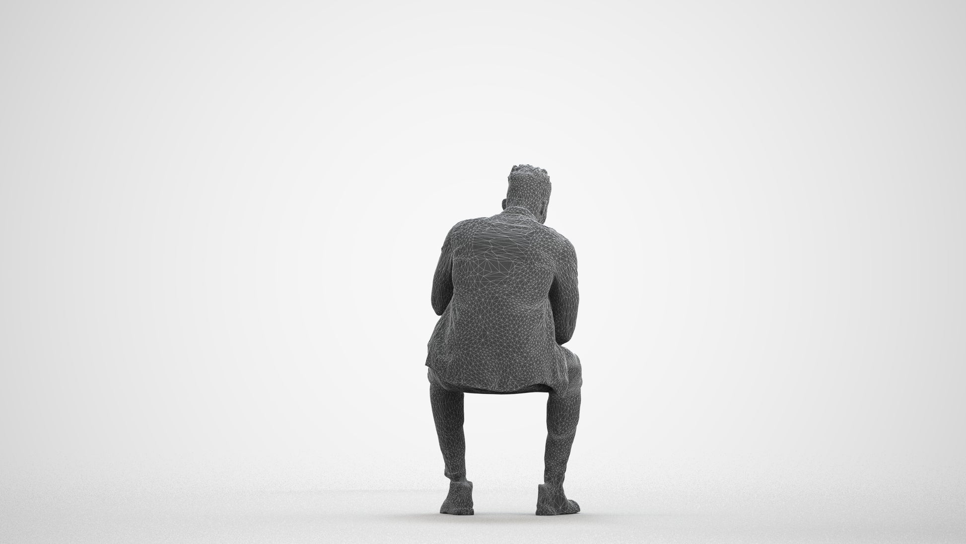 3D human model man casual sitting, photogrammetry scanned person for archviz, wireframe front view