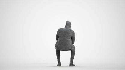 3D human model man casual sitting, photogrammetry scanned person for archviz, wireframe front view