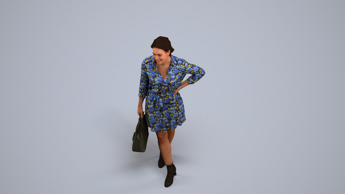 3D human model woman casual standing, photogrammetry scanned person for archviz, back view render