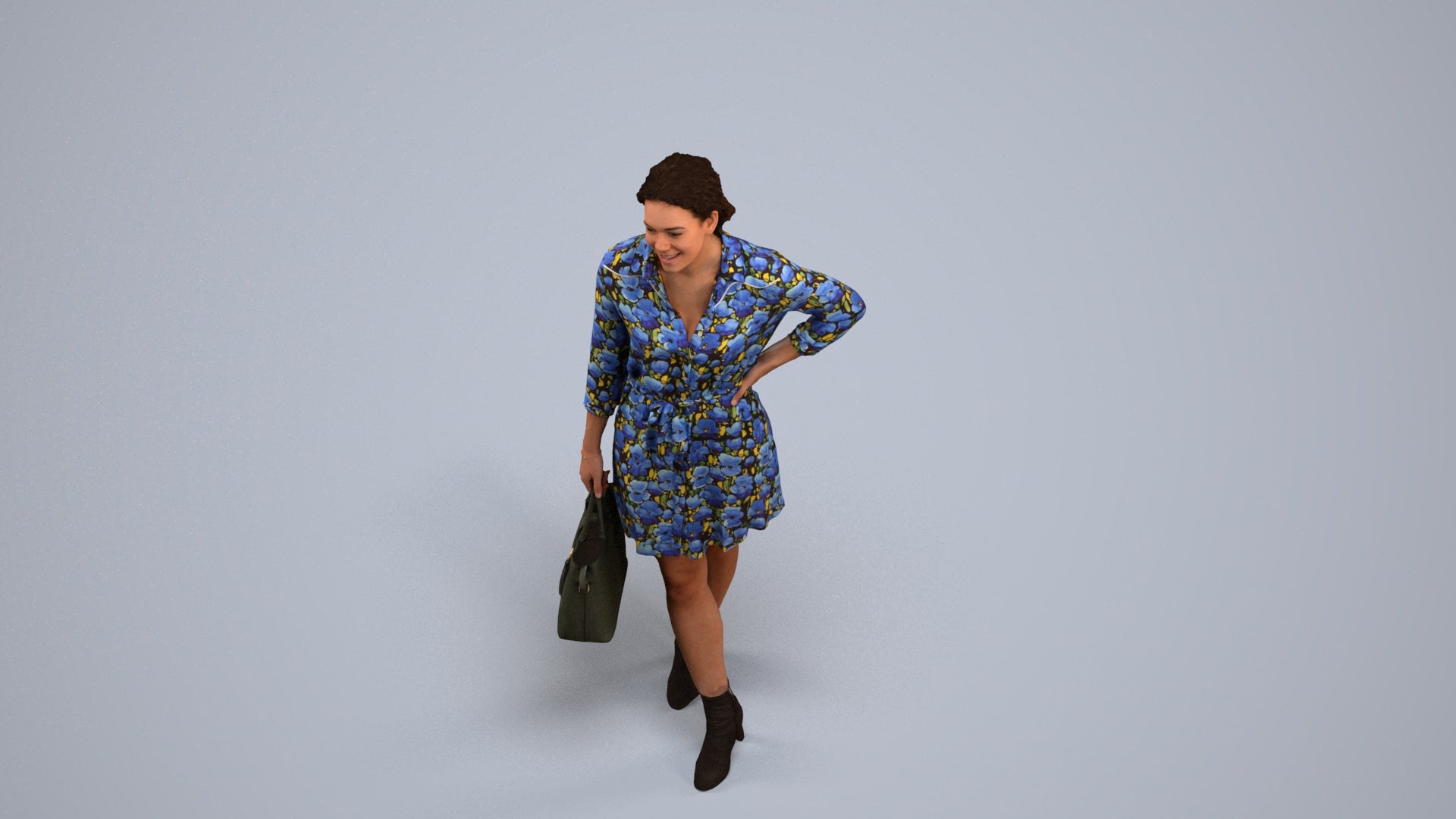 3D human model woman casual standing, photogrammetry scanned person for archviz, back view render