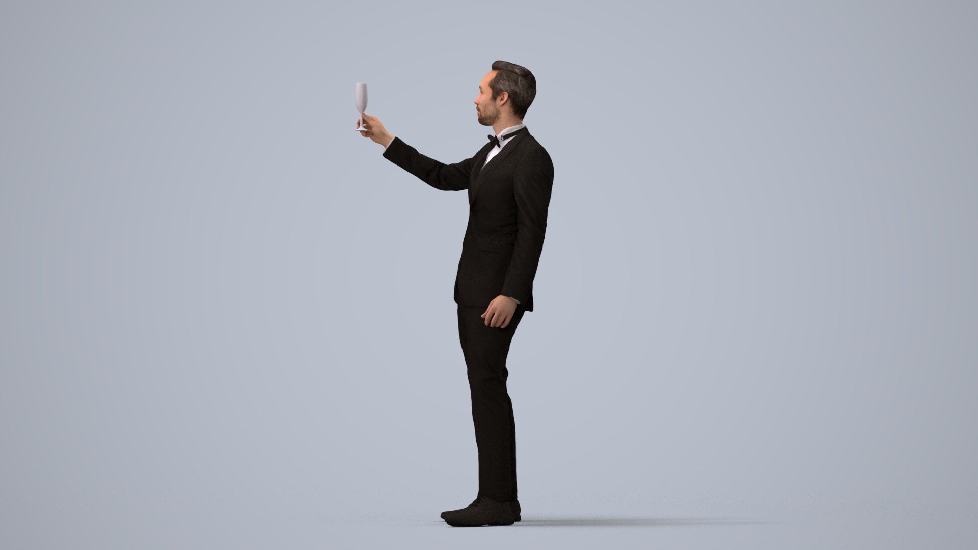 3D human model man formal cycling, photogrammetry scanned person for archviz, three-quarter view render