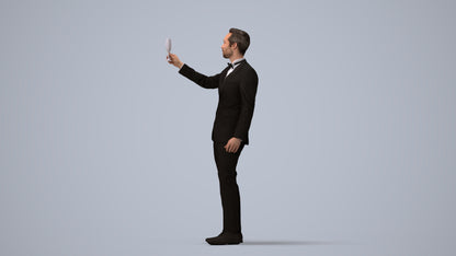3D human model man formal cycling, photogrammetry scanned person for archviz, three-quarter view render