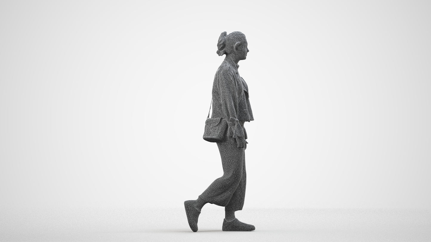 3D human model woman casual walking, photogrammetry scanned person for archviz, wireframe side view