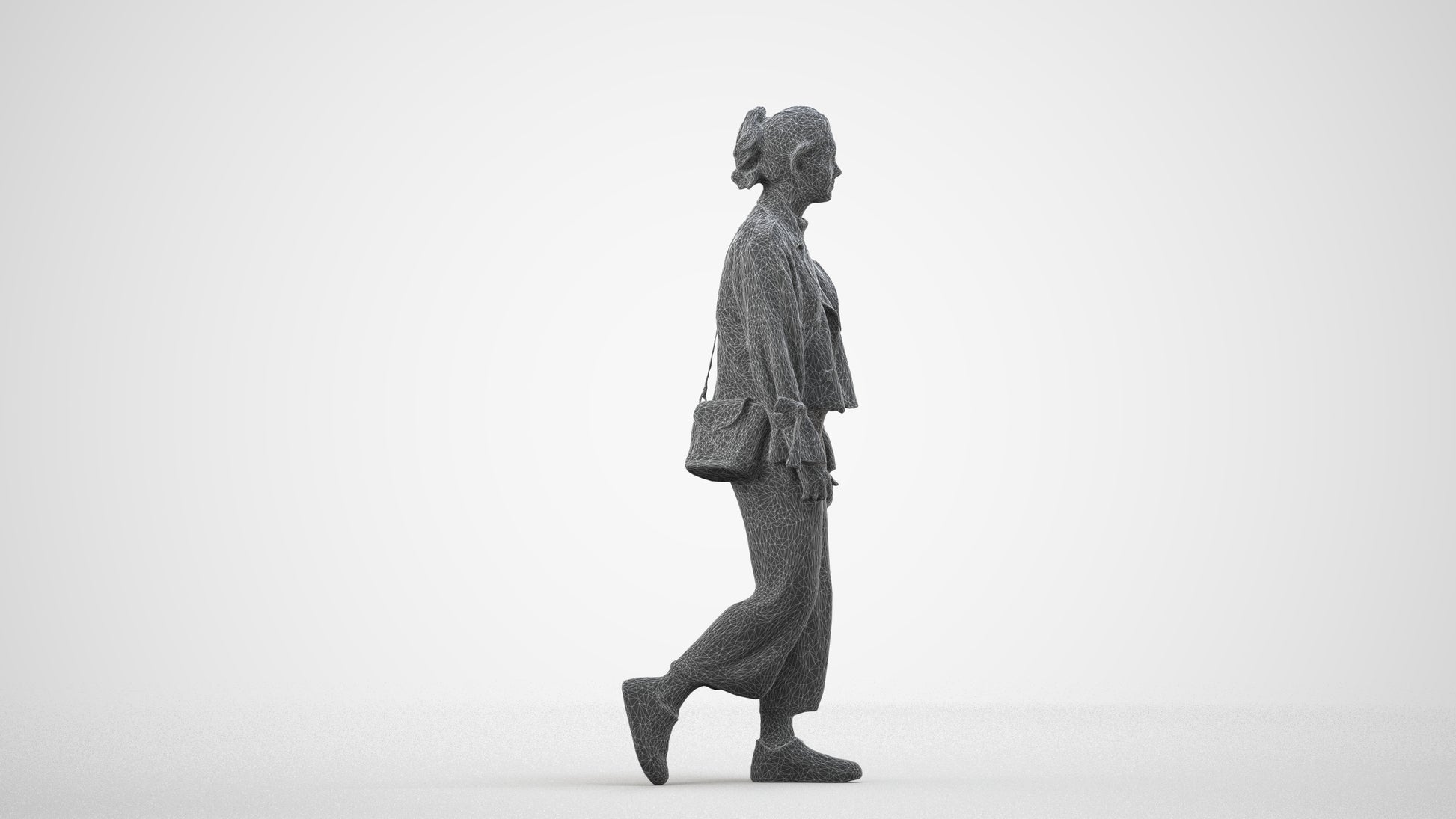 3D human model woman casual walking, photogrammetry scanned person for archviz, wireframe side view