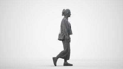 3D human model woman casual walking, photogrammetry scanned person for archviz, wireframe side view