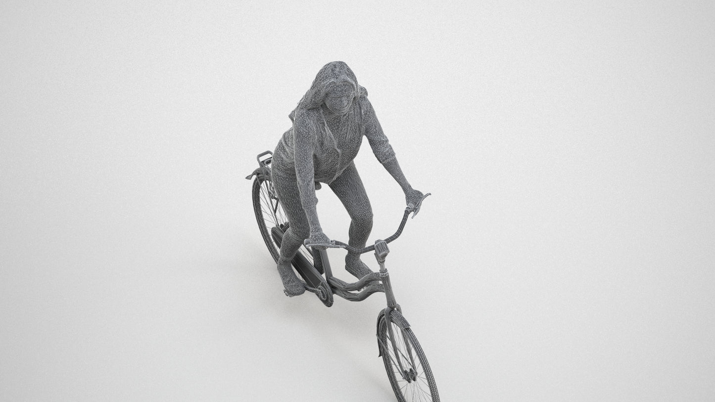 3D scanned woman cycling, photorealistic archviz people for Enscape and SketchUp, wireframe three-quarter view