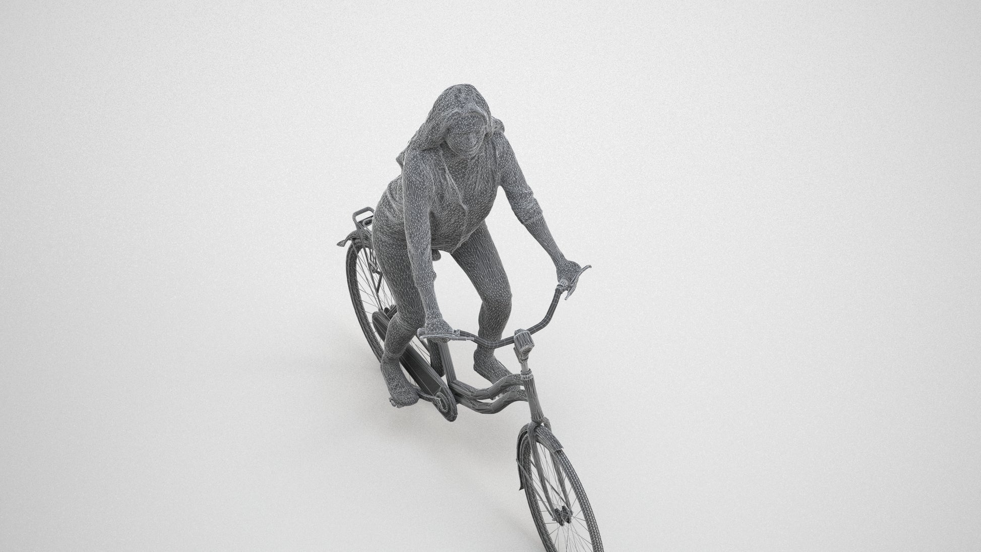 3D scanned woman cycling, photorealistic archviz people for Enscape and SketchUp, wireframe three-quarter view