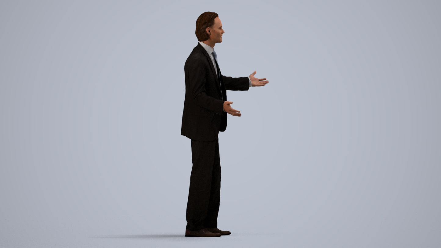 3D human model man business, photogrammetry scanned person for archviz, side view render