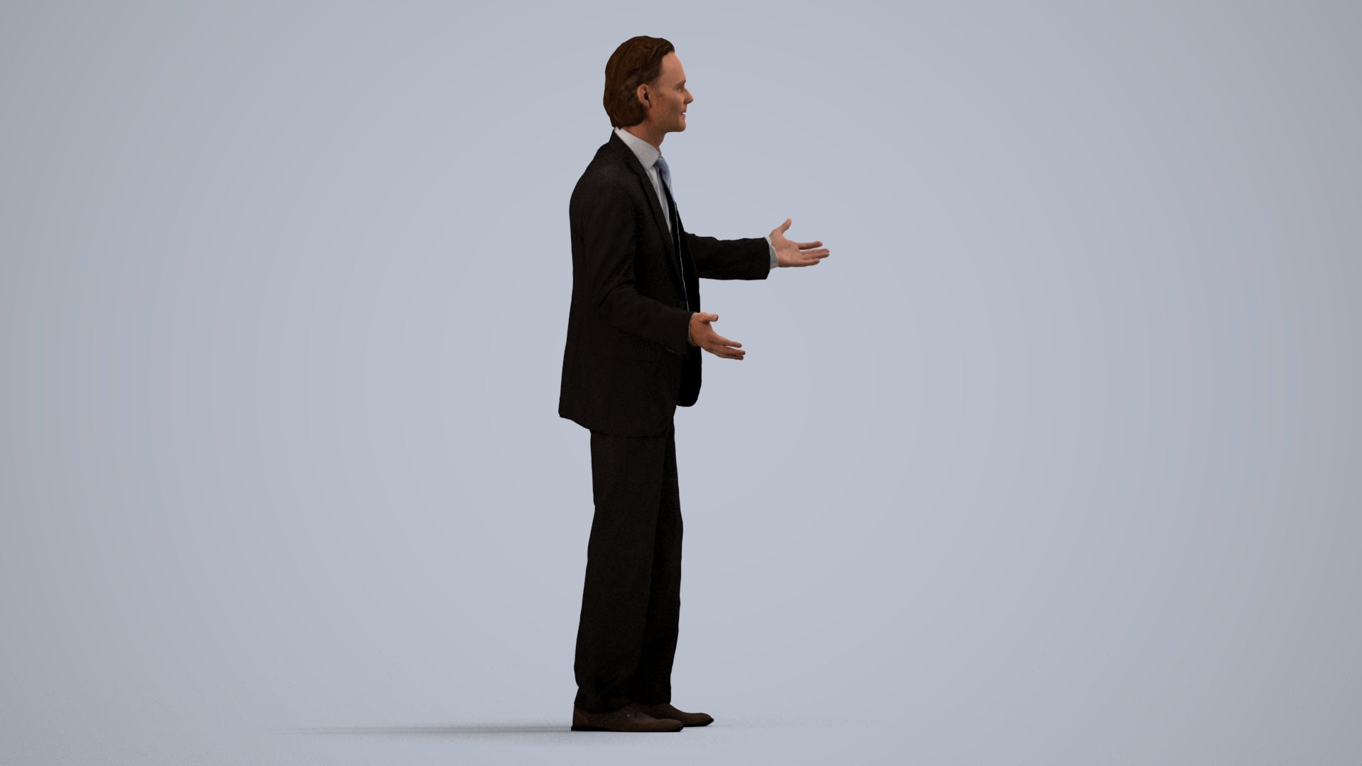 3D human model man business, photogrammetry scanned person for archviz, side view render