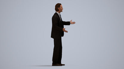 3D human model man business, photogrammetry scanned person for archviz, side view render