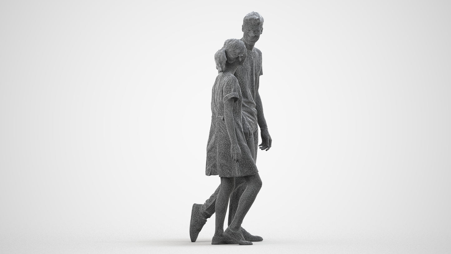 3D people model woman casual couple, scanned human for 3ds Max rendering, wireframe side view
