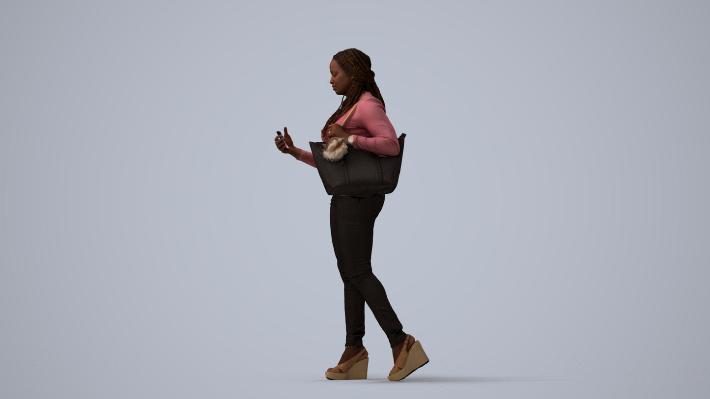 3D scanned woman walking casual, photorealistic archviz people for Enscape and SketchUp, three-quarter view render