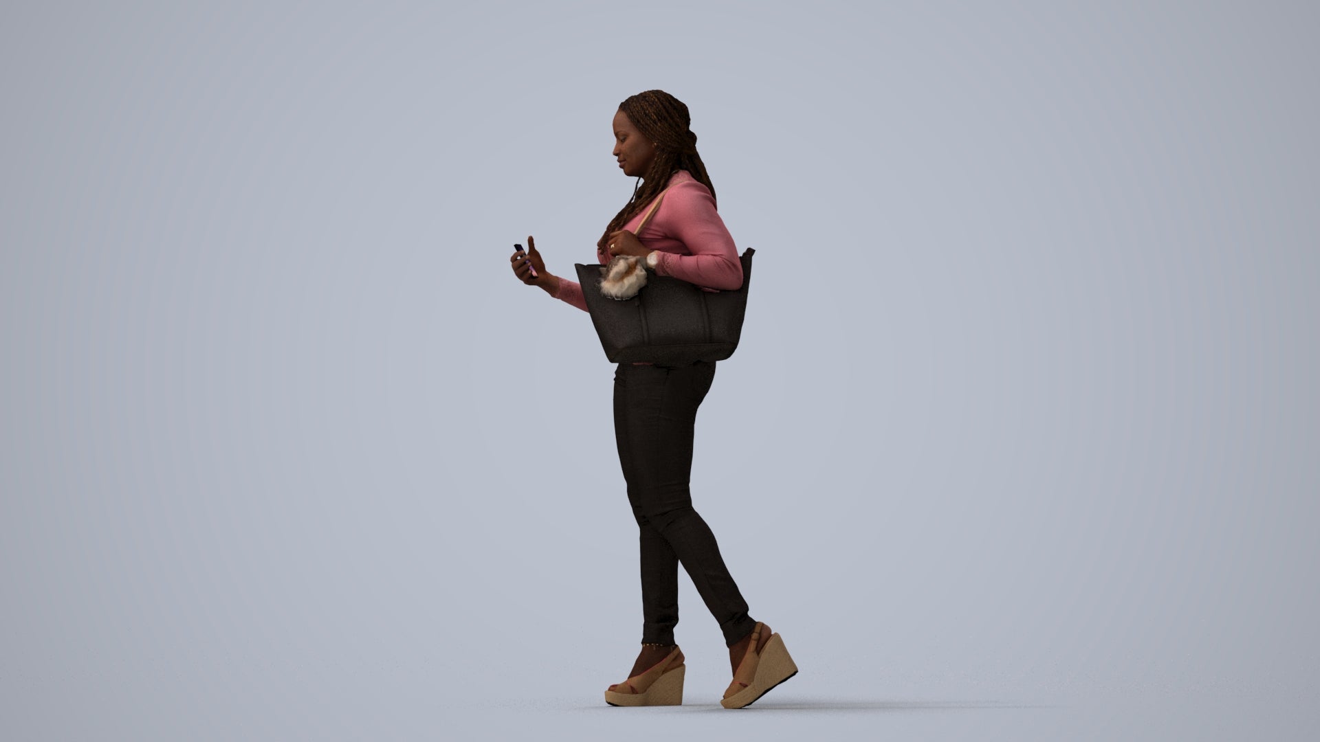 3D scanned woman walking casual, photorealistic archviz people for Enscape and SketchUp, three-quarter view render