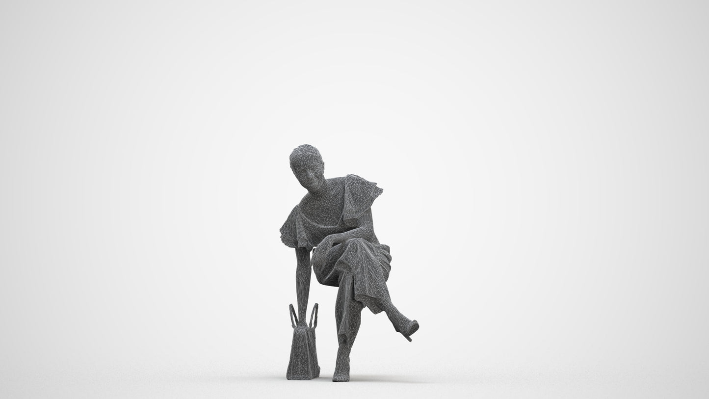 realistic 3D human woman casual sitting, archviz people FBX OBJ for Blender, three-quarter front view render