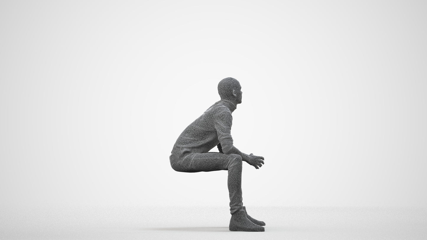 realistic 3D human man casual sitting, archviz people FBX OBJ for Blender, wireframe side view