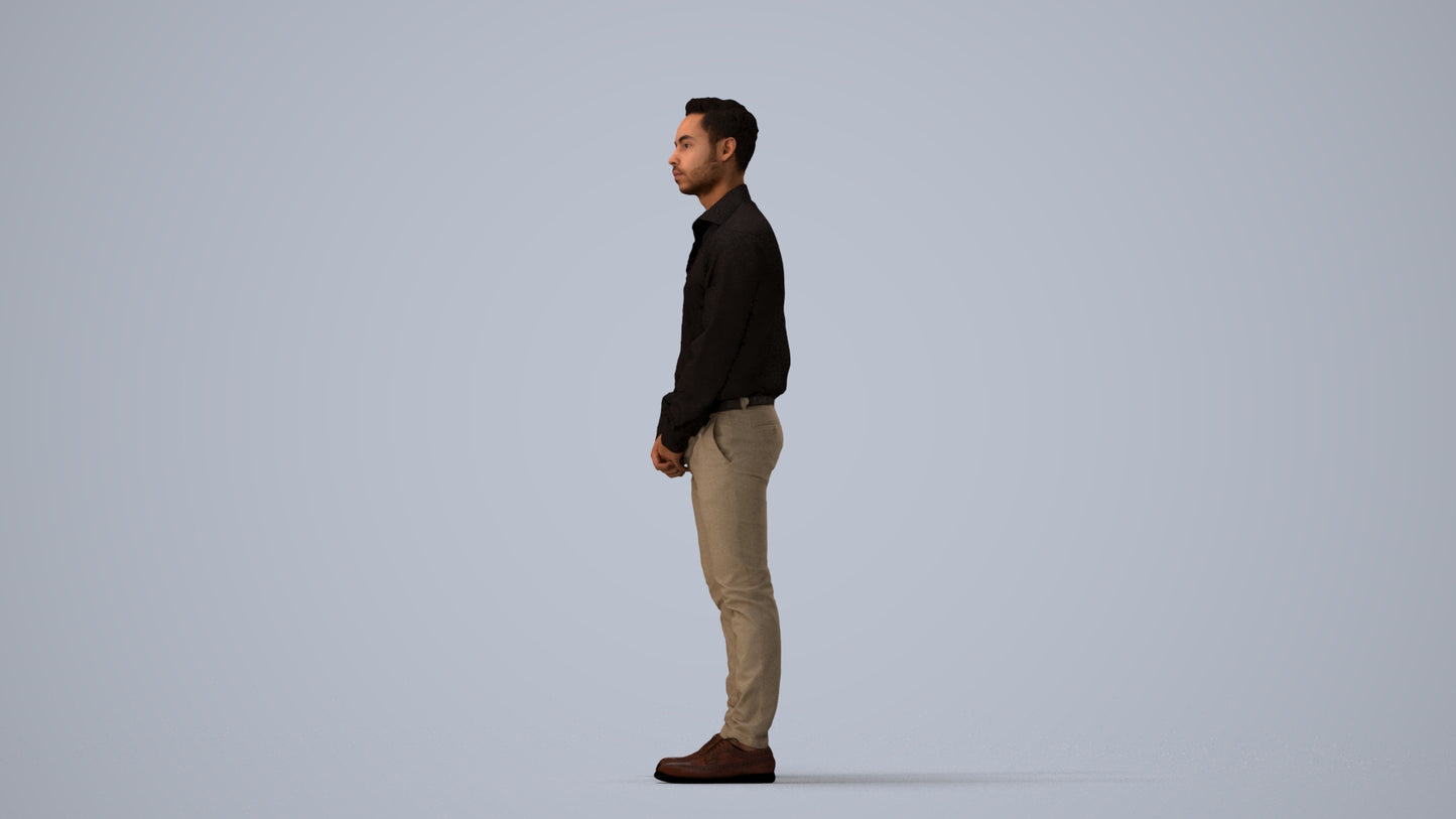 photogrammetry 3D man business standing, realistic human model archviz FBX, three-quarter view render