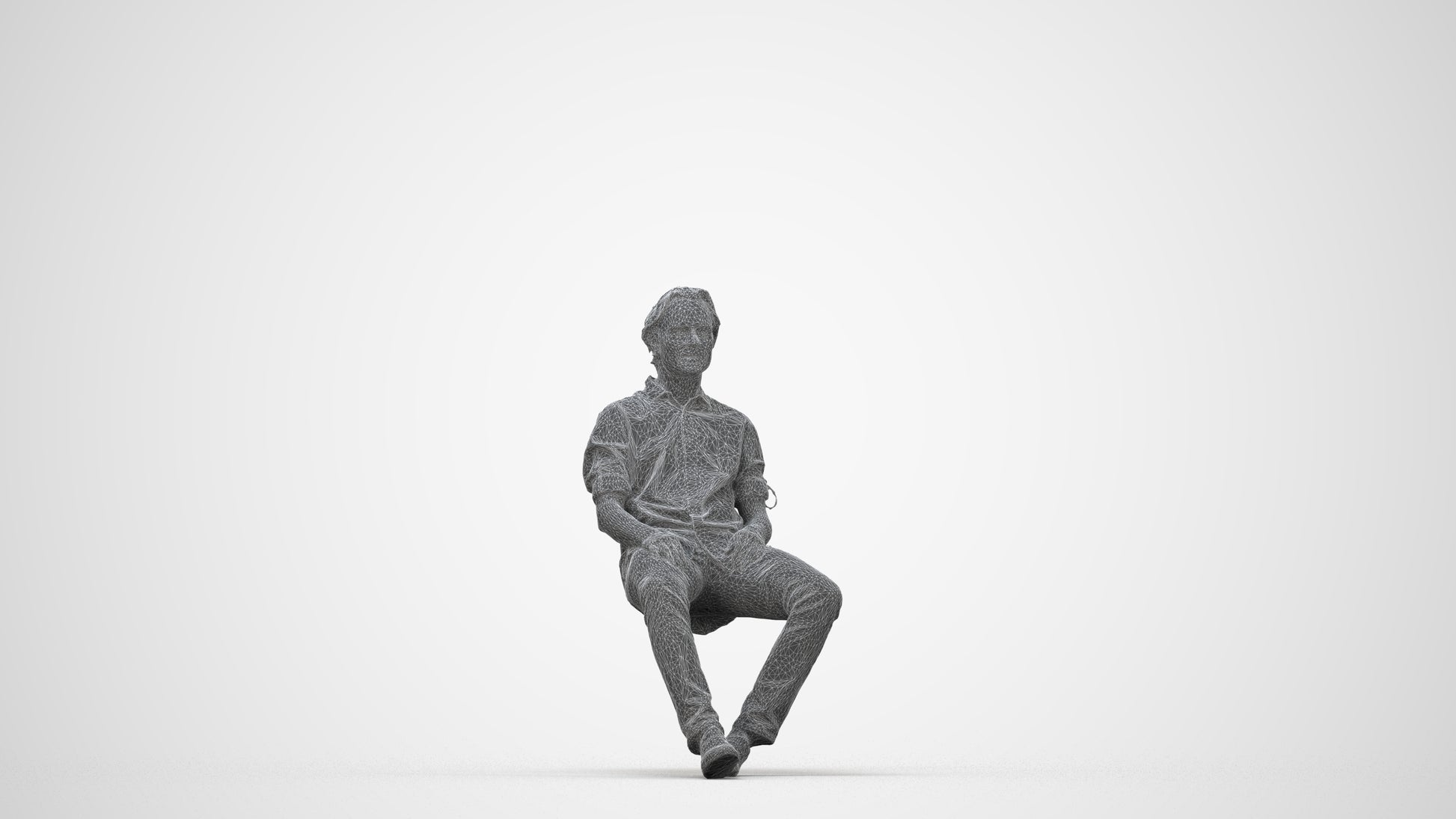 realistic 3D human man casual sitting, archviz people FBX OBJ for Blender, wireframe back view